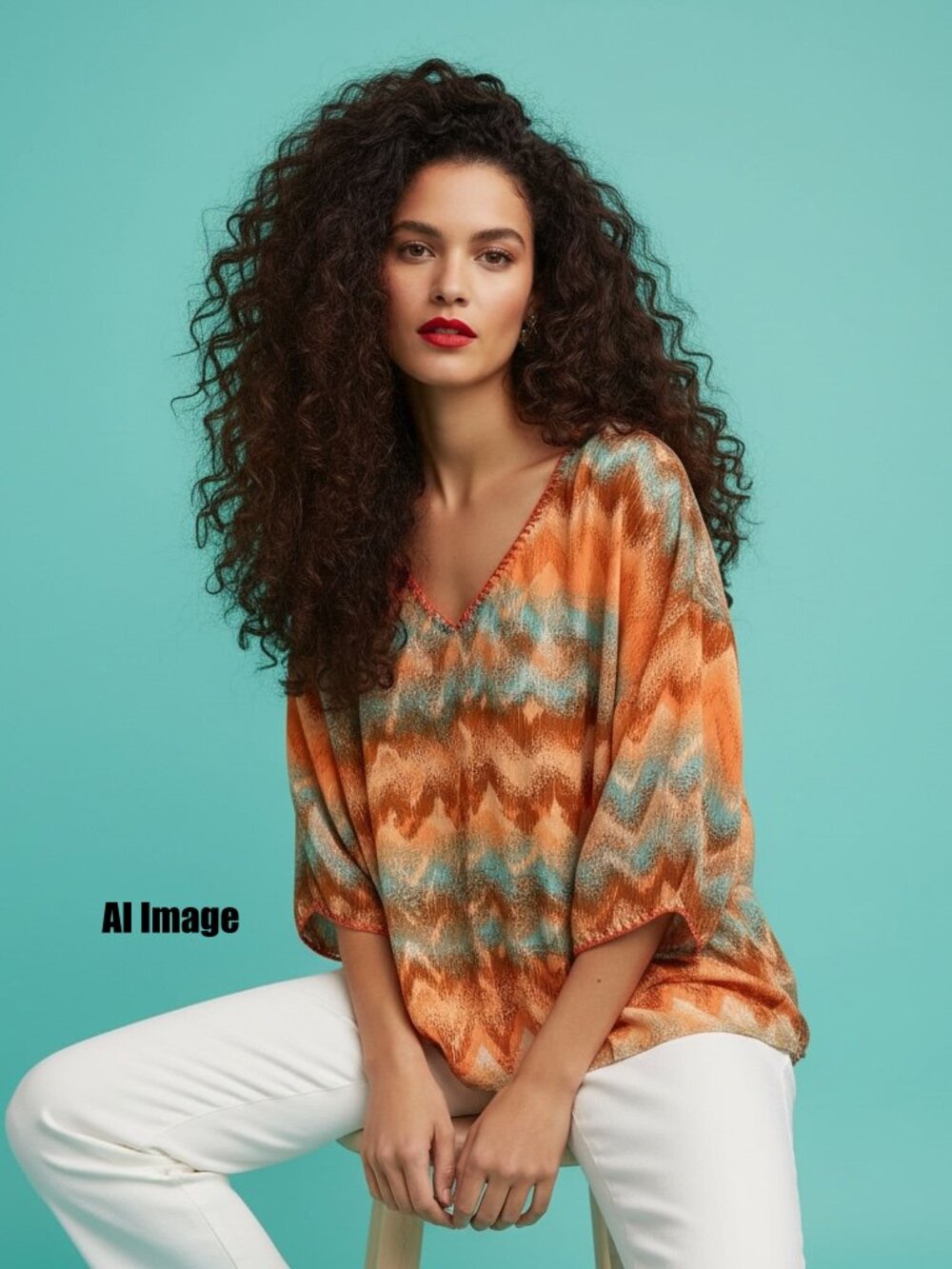 Sanctuary Orange Teal Zigzag Chevron Whipstitch V-Neck Blouse Top Size S